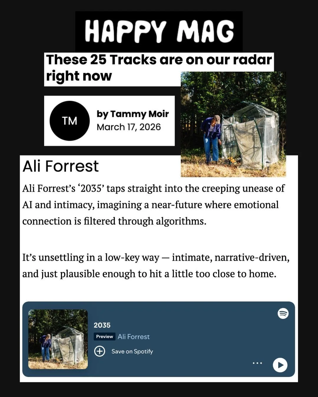 Huge thanks to @happymagtv &amp; @tammymoir for highlighting @alilforrest&rsquo;s &ldquo;unsettling in a low-key way&rdquo; track, &ldquo;2035,&rdquo; about AI takeover. 

I continue to be impressed by Ali&rsquo;s songwriting. She writes the kind of 