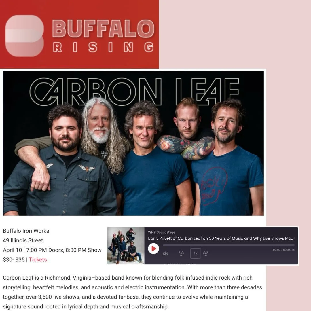 #Buffalo! @carbonleaf returns to @buffaloironworks this Friday, April 10th. Do not miss your opportunity to hear them perform a wide array of rock and Americana from the band&rsquo;s catalog of over 30 years, including new songs from the most recent 