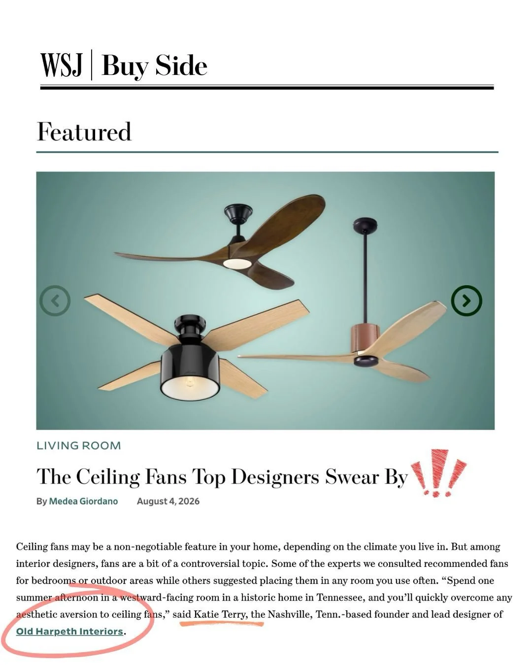 Thrilled to highlight Katie Terry, Founder &amp; Lead Designer of @oldharpethinteriors, at @wsj @buysidewsj contributing her expertise and insight to the new ceiling fan guide! Special thanks to Medea Giordano for considering our pitch and to Katie T