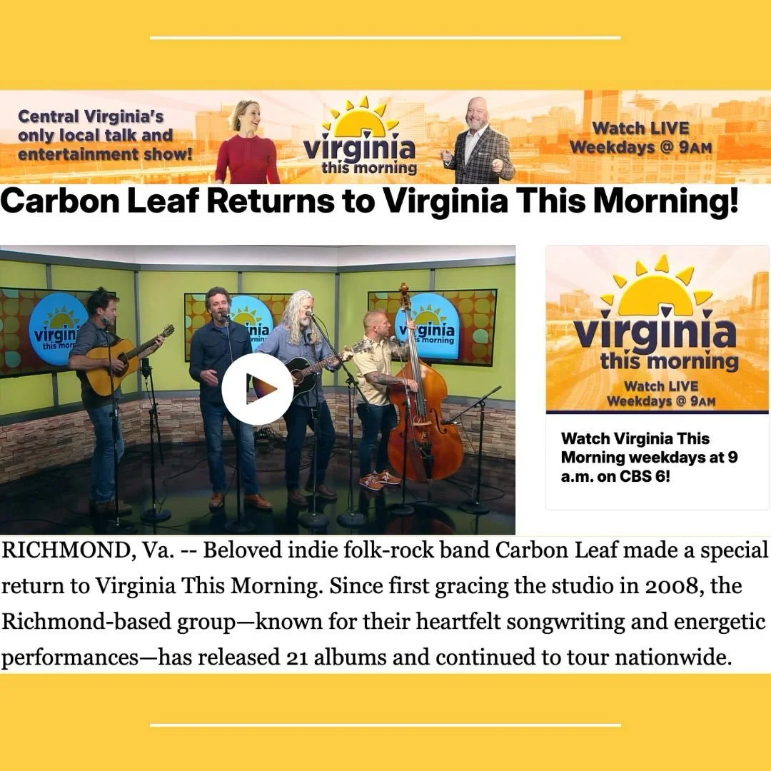 Hometown support is everything. Thank you @virginiathismorning &amp; @cbs6 for inviting @carbonleaf back into the #RVA studio 💛

#CarbonLeaf #TimeIsThePlayground #acoustic #folk