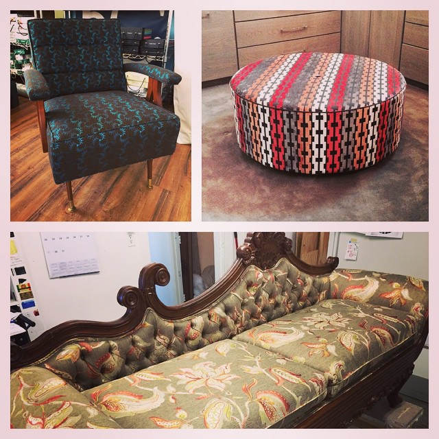 Some of the highlights at Forte this week: A new lease on life for a very cool mid-century rocker, a custom built ottoman for Wells Design Studio and an antique sofa restoration. #fortekc #fortedesignandupholstery
