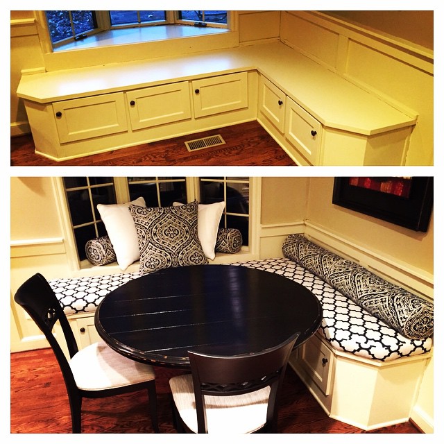 A complete breakfast nook from Forte this week, including an upholstered bench seat, pillows, bolsters, and refinished dining set.  #fortedesignandupholstery #fortekc