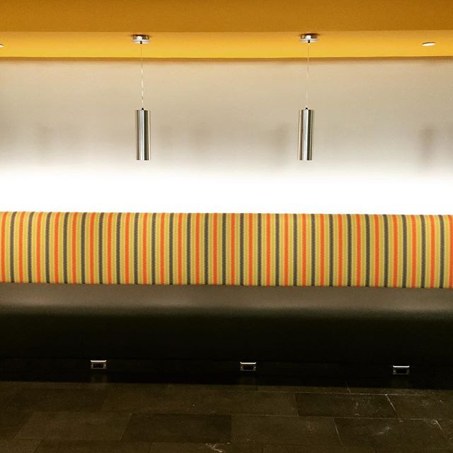 Forte Design and Upholstery built and installed a custom 15' long banquette for C2FO.  This beast features 8-way tied springs throughout and a recessed LED light bar along the back.  Thanks to Generator Studio and Miller Building Services for includi