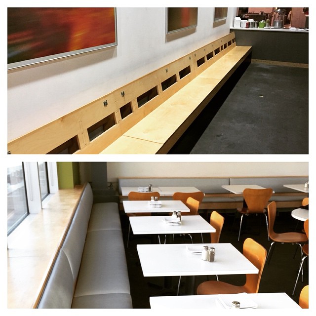 All in a nights work... Forte received a rush order last week for all new banquette seats and backs throughout the dining room at The Mixx in the Plaza. Designer vinyl arrived yesterday, prepped and upholstered overnight and installed this morning - 