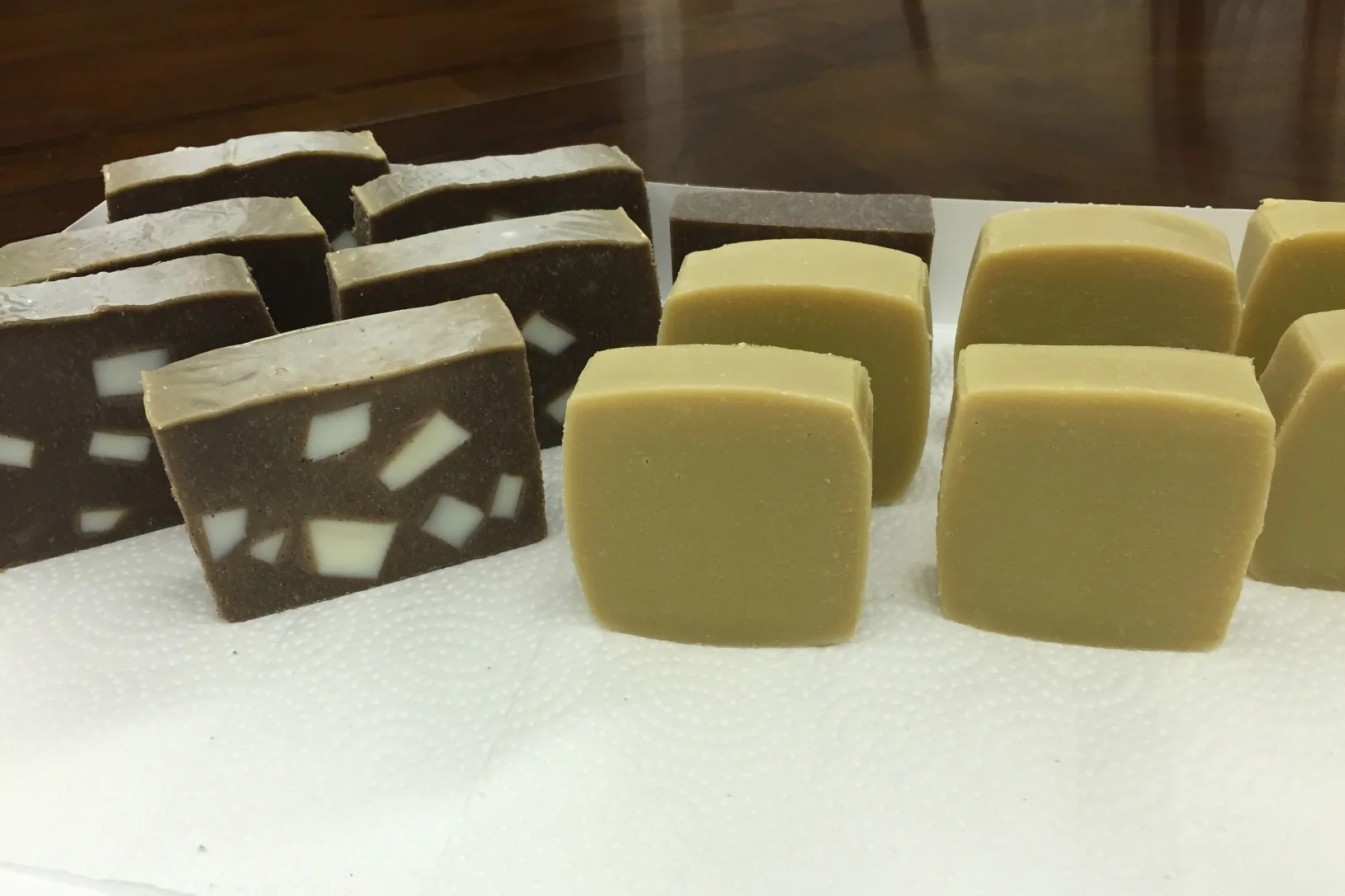 Coconut Soap with Coffee (left) and Avocado Soap with Cow's Milk (right), both unscented