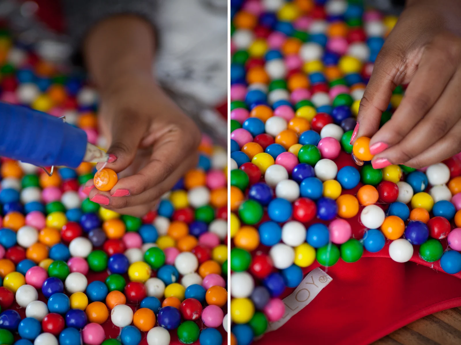 Using your hot glue gun begin gluing your gumballs to the top portion of your red dress!!! This can be time consuming so be sure to put on your favorite holiday movie!