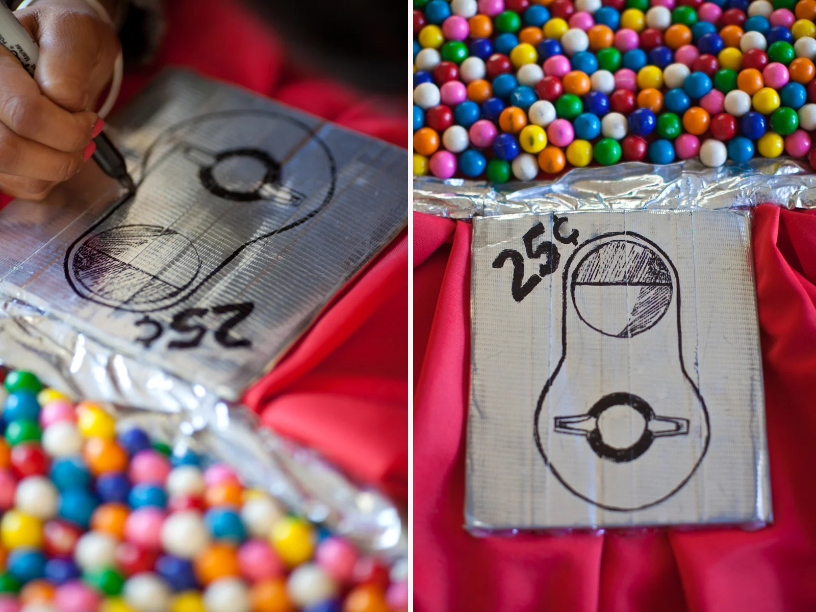 Sketch out a coin slot using your sharpi e. Glue all four corners to dress under waistline. Let gumballs and coin slot sit overnight.