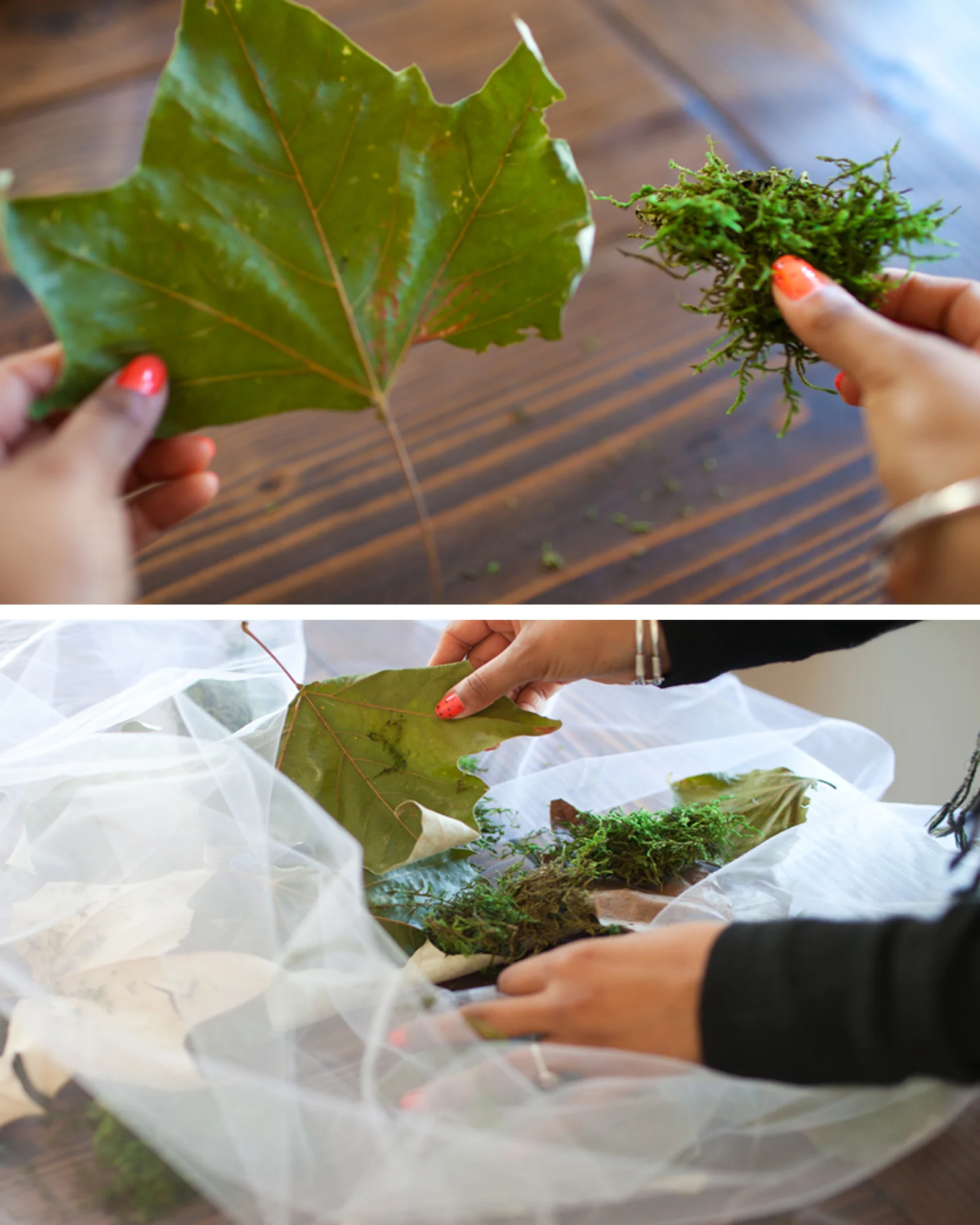 Once you are done threading your string. Take your leaves and moss and place into your bag. Take your safety pins and pin random leaves and moss to keep things arranged. The safety pins help keep placement so all your leaves don't fall toward the bottom!