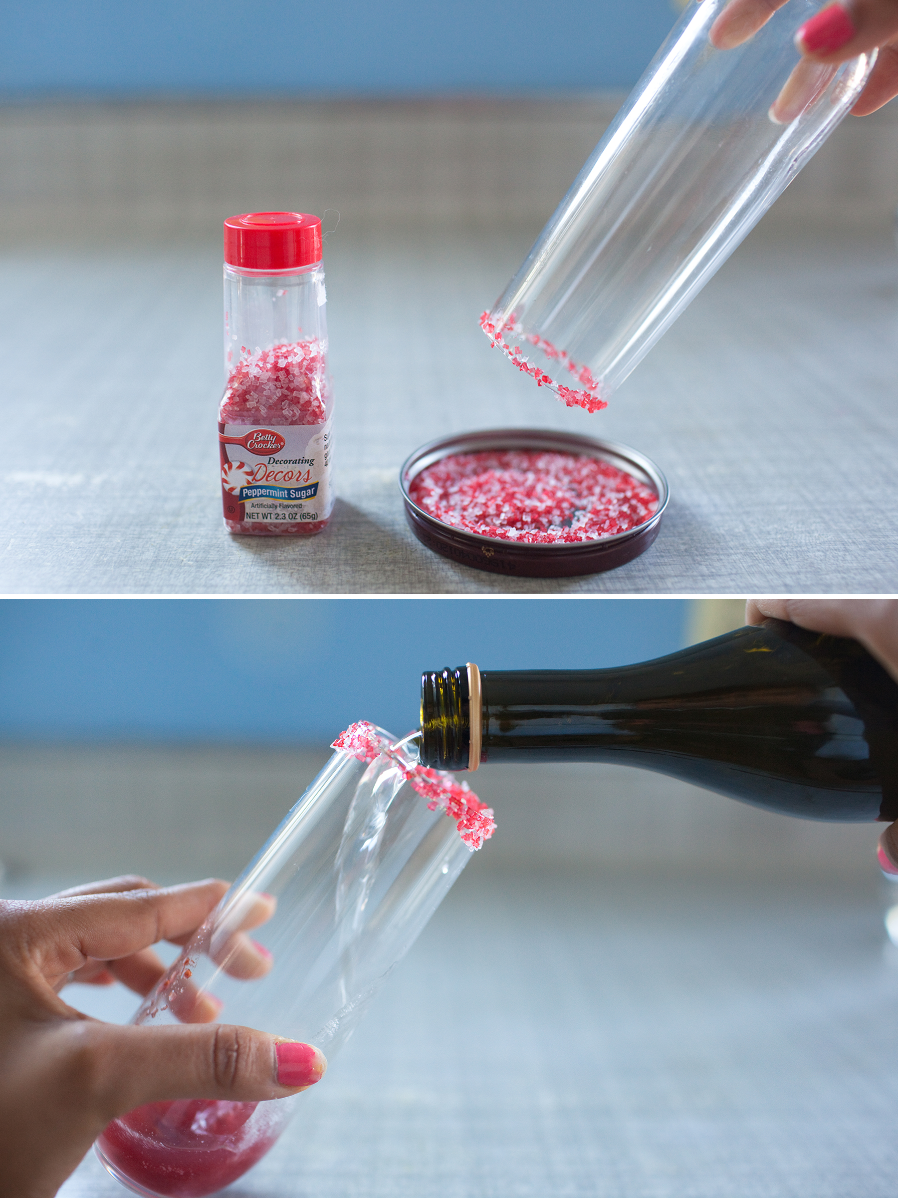 Rim each glass with your peppermint sugar. To serve, spoon in 2 to 3tbsp of your jam mixture into your glass, add champagne, a little ginger ale, garnish with a lime wedge and your done!! For those that don't like champagne you can substitute ginger ale. They are perfect for any mixer or Christmas gathering! 
