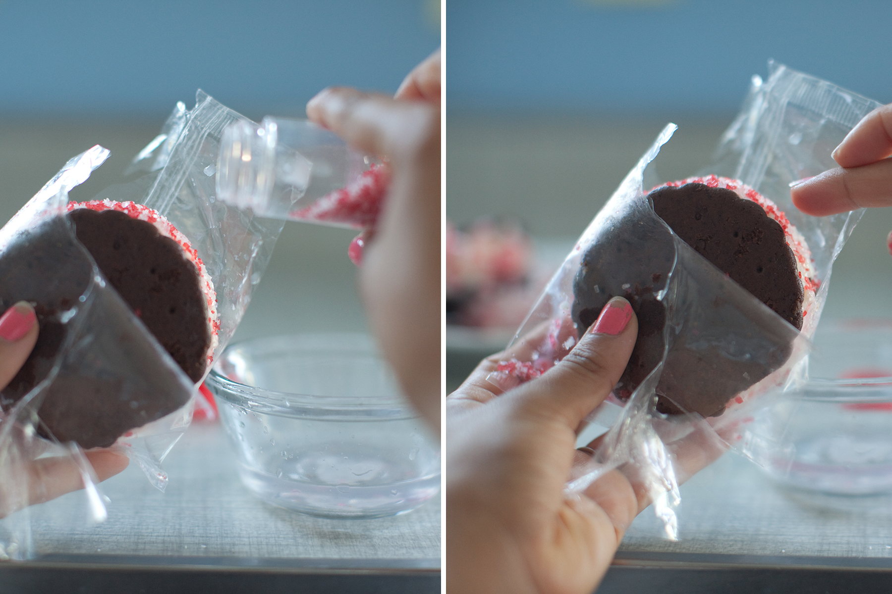 To prevent smudging your sandy's keep them in the plastic while your garnish. Brush water on the vanilla and sprinkle with the peppermint candies or peppermint sugar. Serve on a pretty platter and enjoy!! 