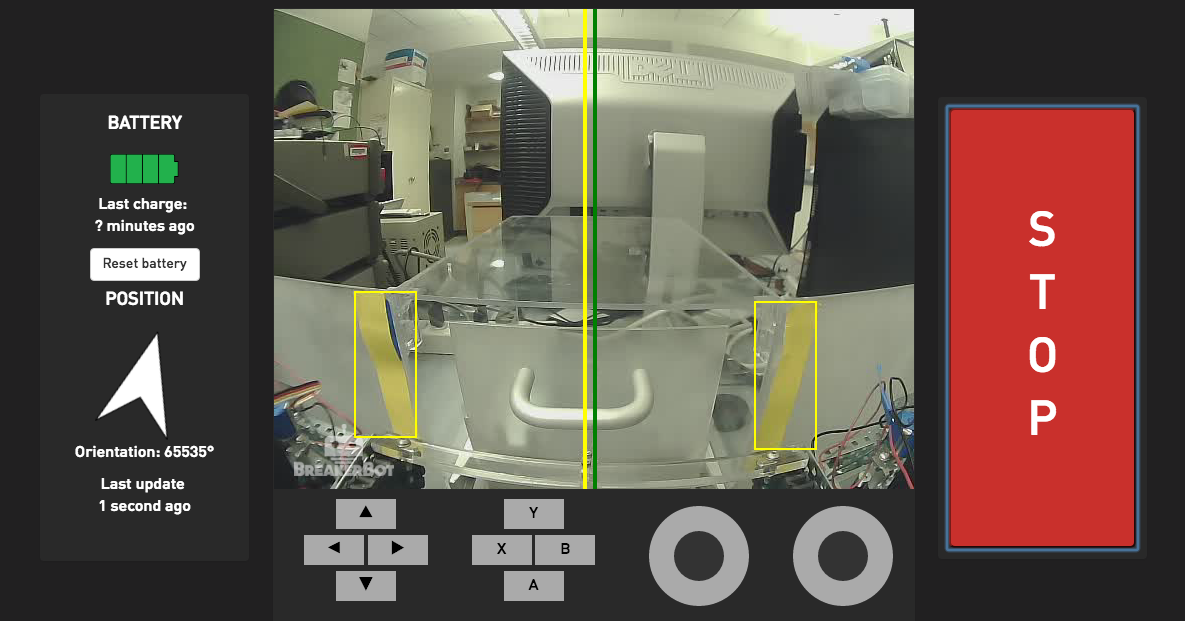  User interface to control the robot from any computer. You can see the image processing uses the bright yellow tape for alignment. 