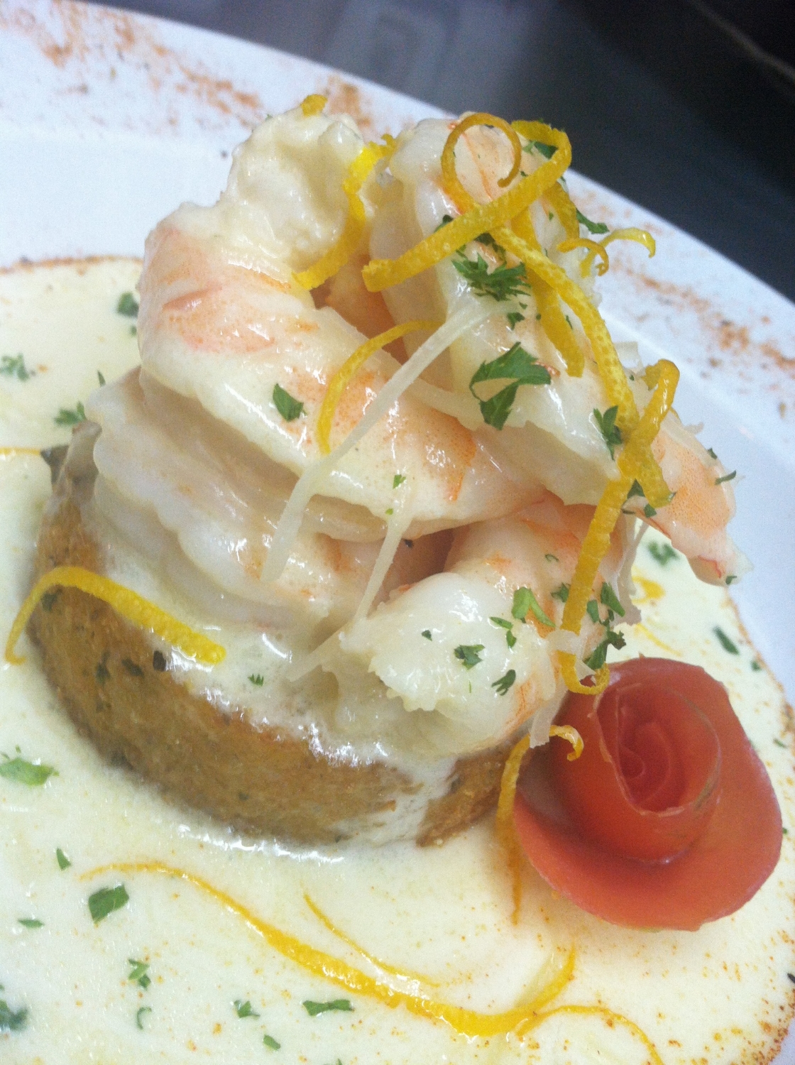 Shrimp and Smoked Grit Cake with Meuniere