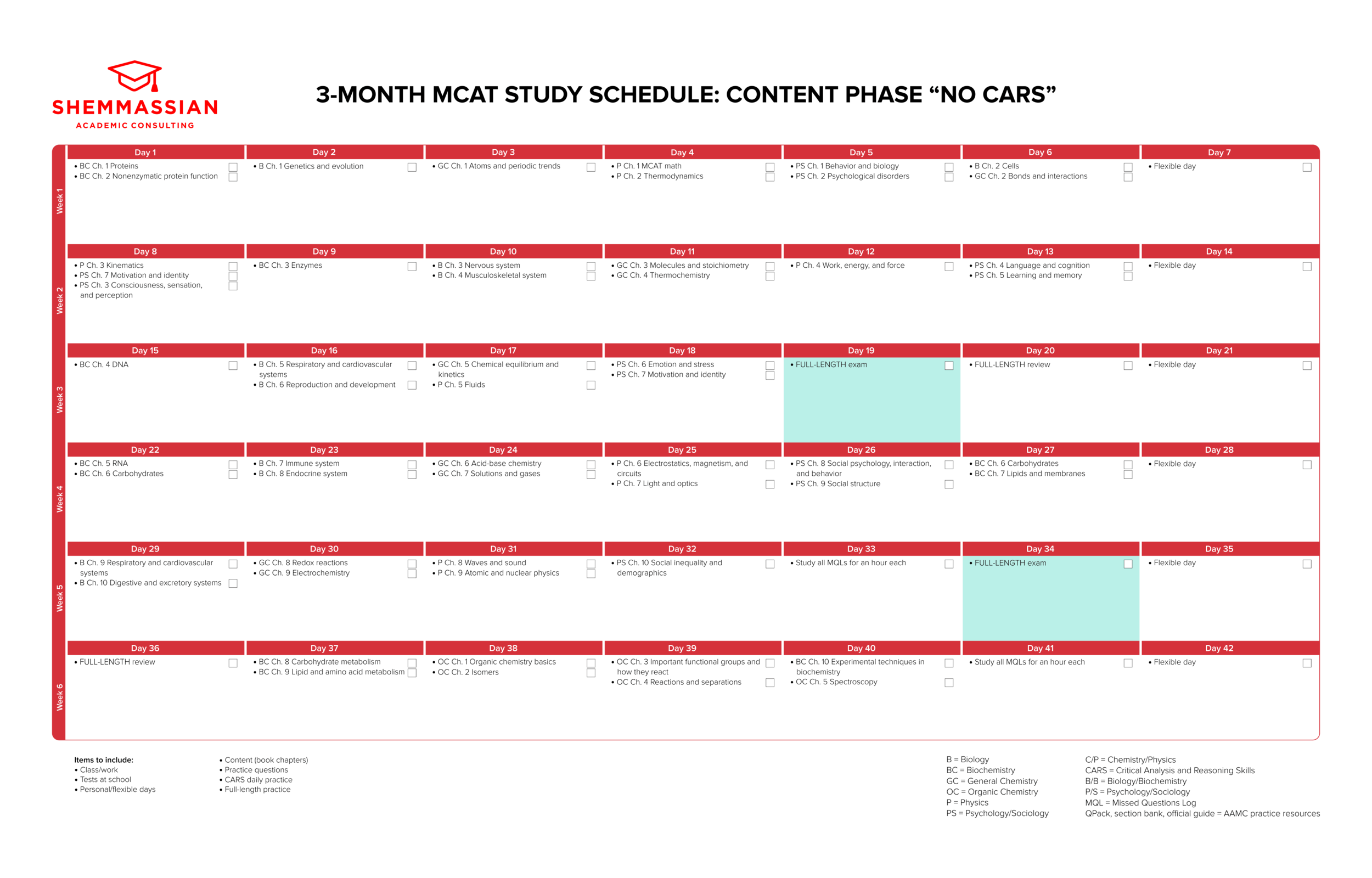 mcat学习计划模板（3个月）：内容阶段（无CARS）