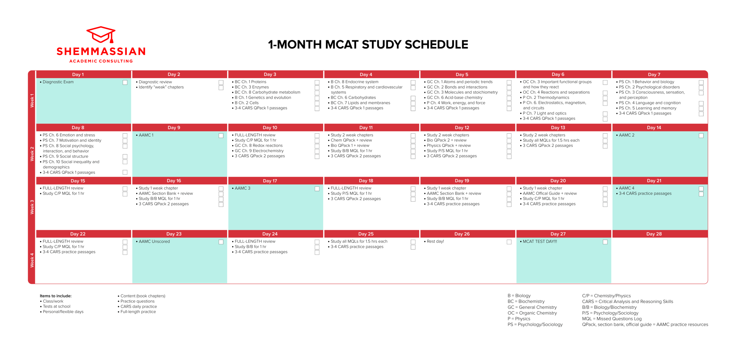 MCAT研究日程模板（1个月）