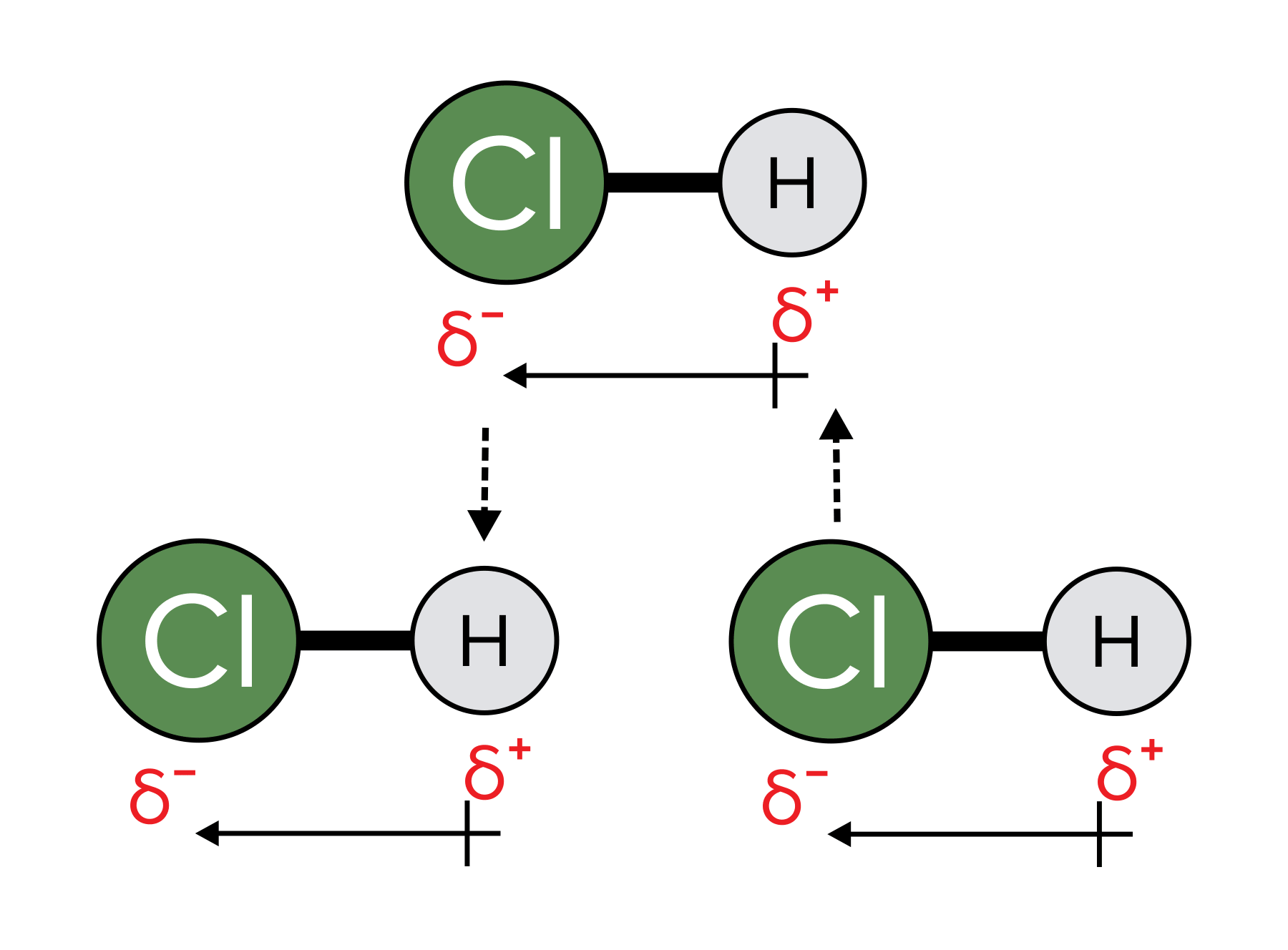 图:盐酸之间偶极-偶极相互作用的一个例子。请注意，这个符号表示的是“部分”正电荷或负电荷，而不是完全正电荷或负电荷。