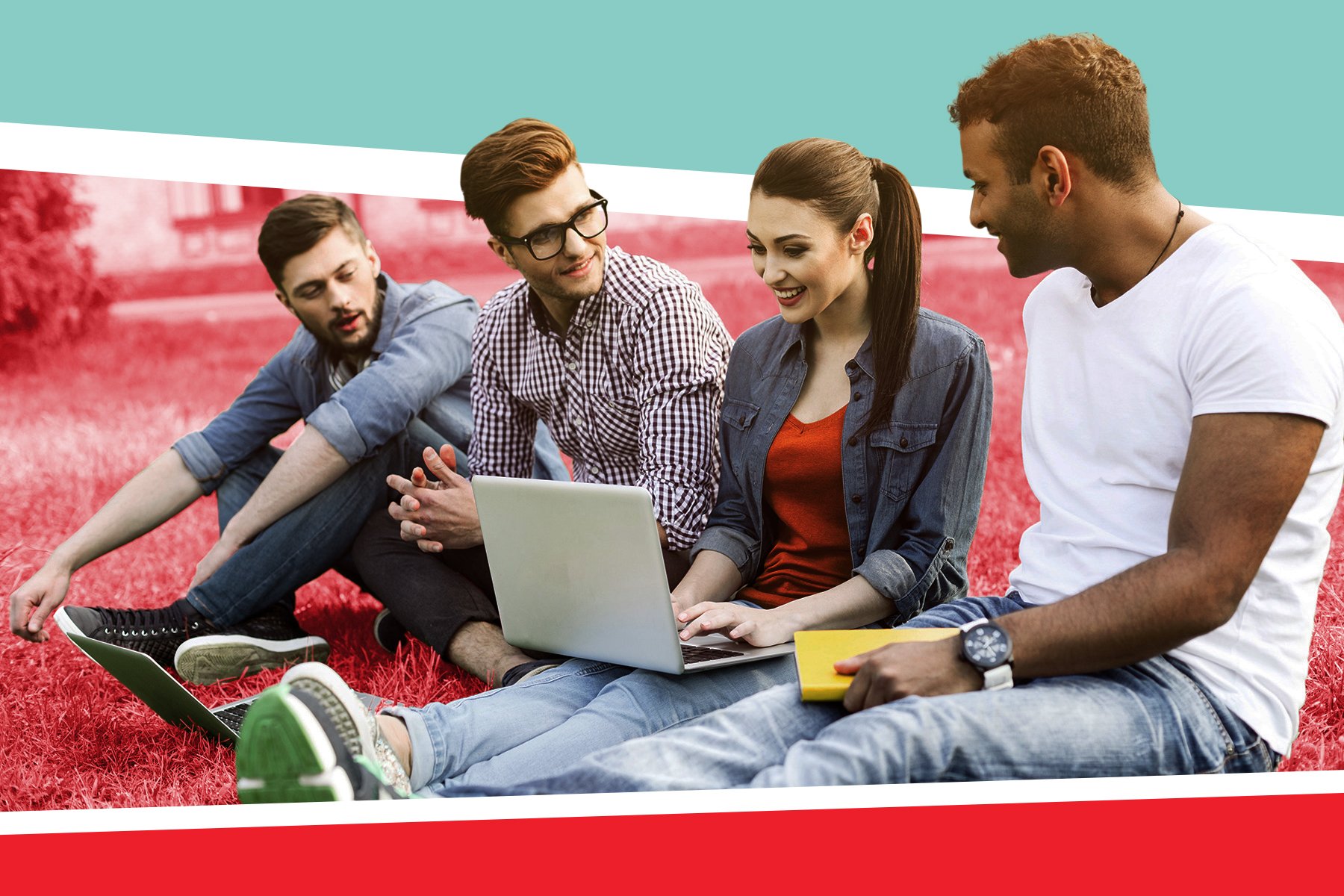 4 high school students socializing at the park and using a laptop to learn about summer programs