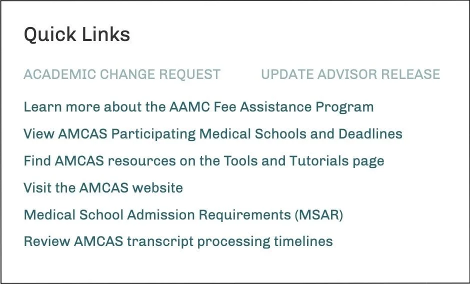 amcas application quick links section