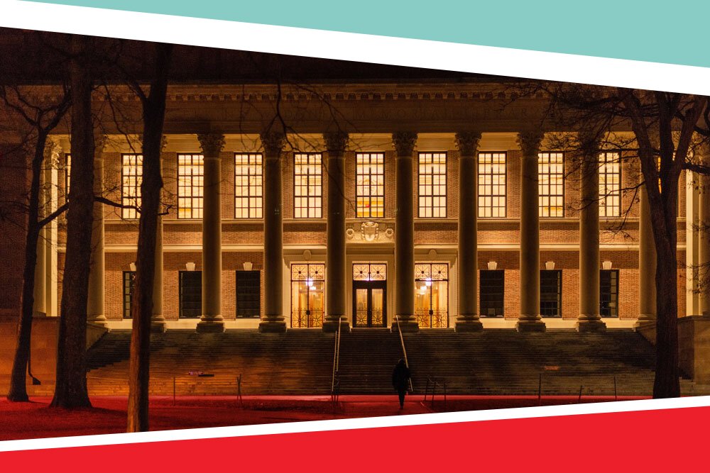 Harvard University building at night