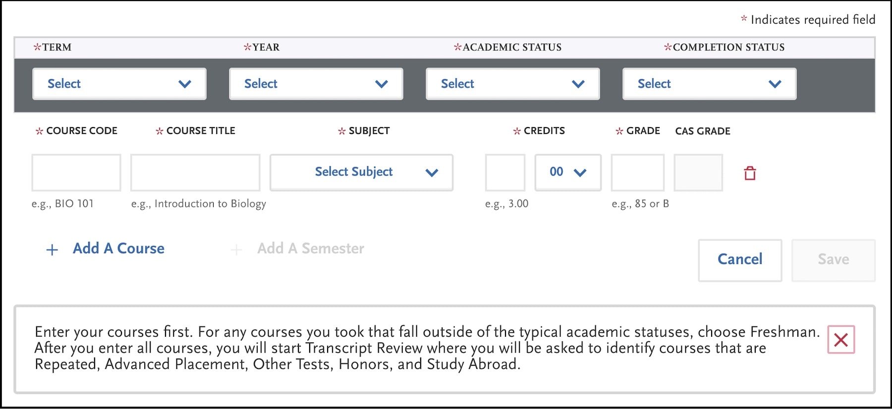 Coursework entry screen on AACOMAS application screenshot
