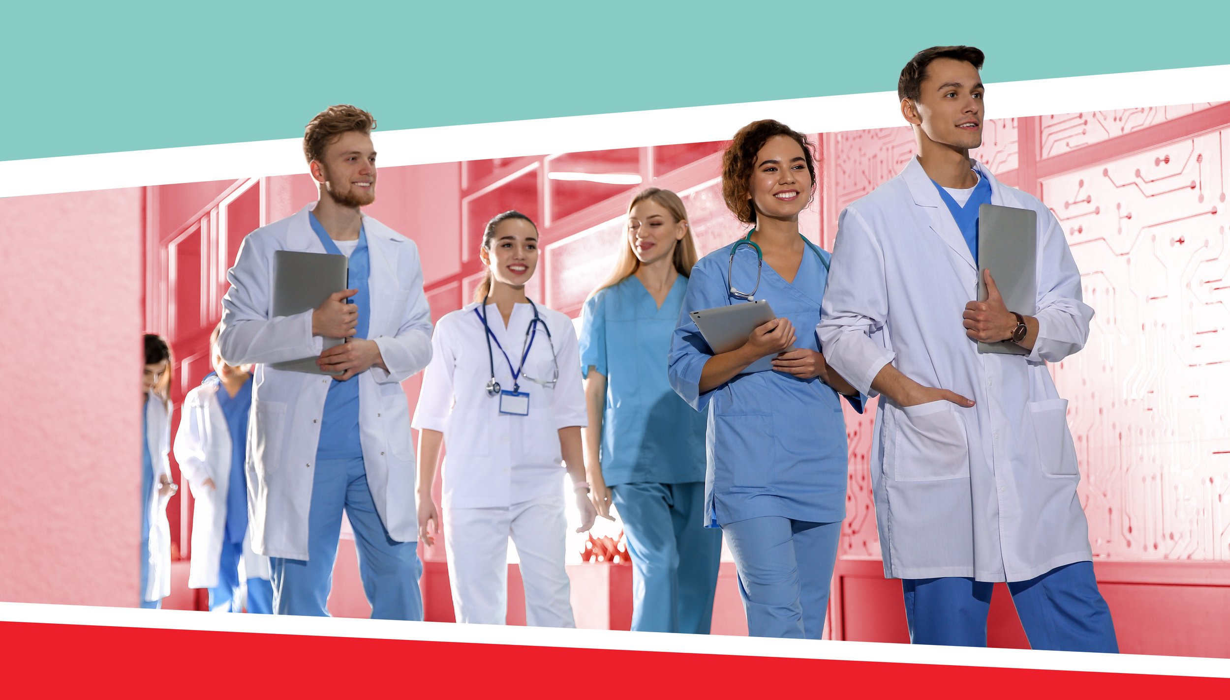 A group of Brown PLME medical school students wearing white coats and scrubs