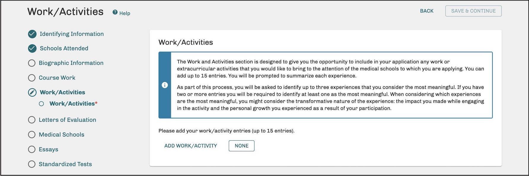 AMCAS Work and Activities section screenshot