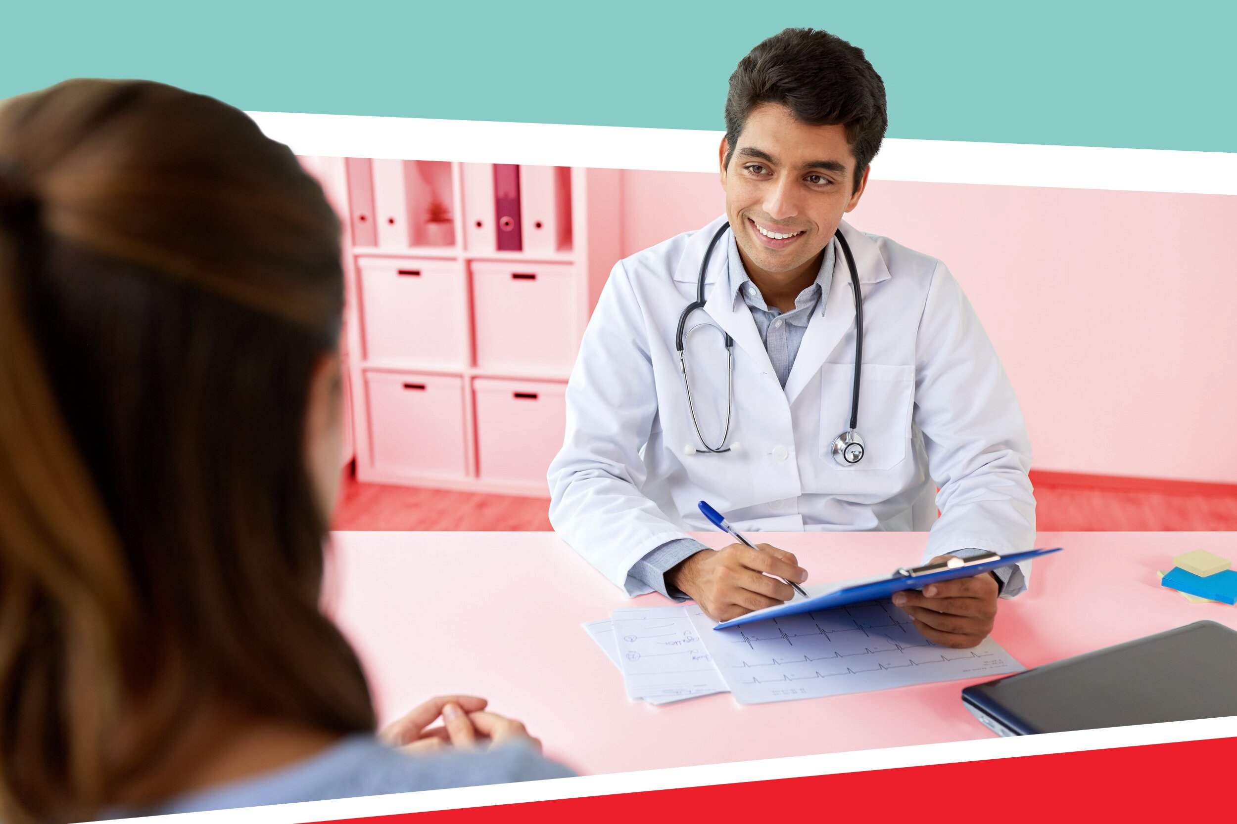 A doctor wearing a white coat and interviewing a physician's assistant