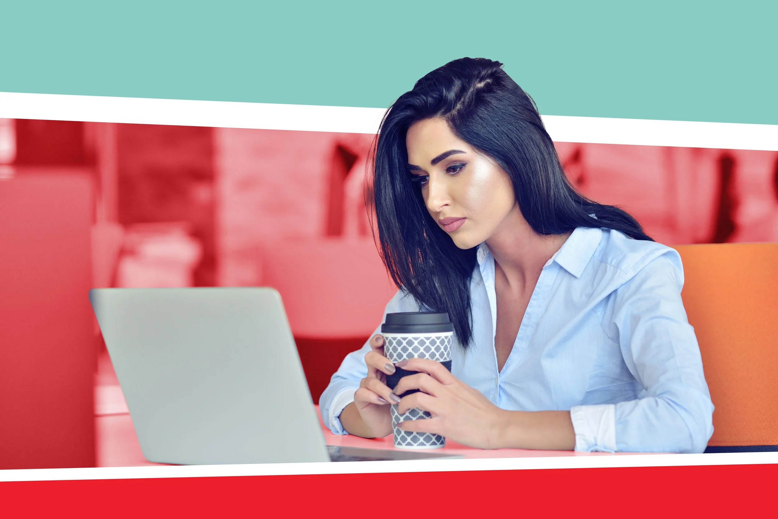 black-haired woman with coffee reading about how to get into medical school on a laptop