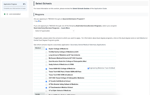 TMDSAS Application Guide School Selection
