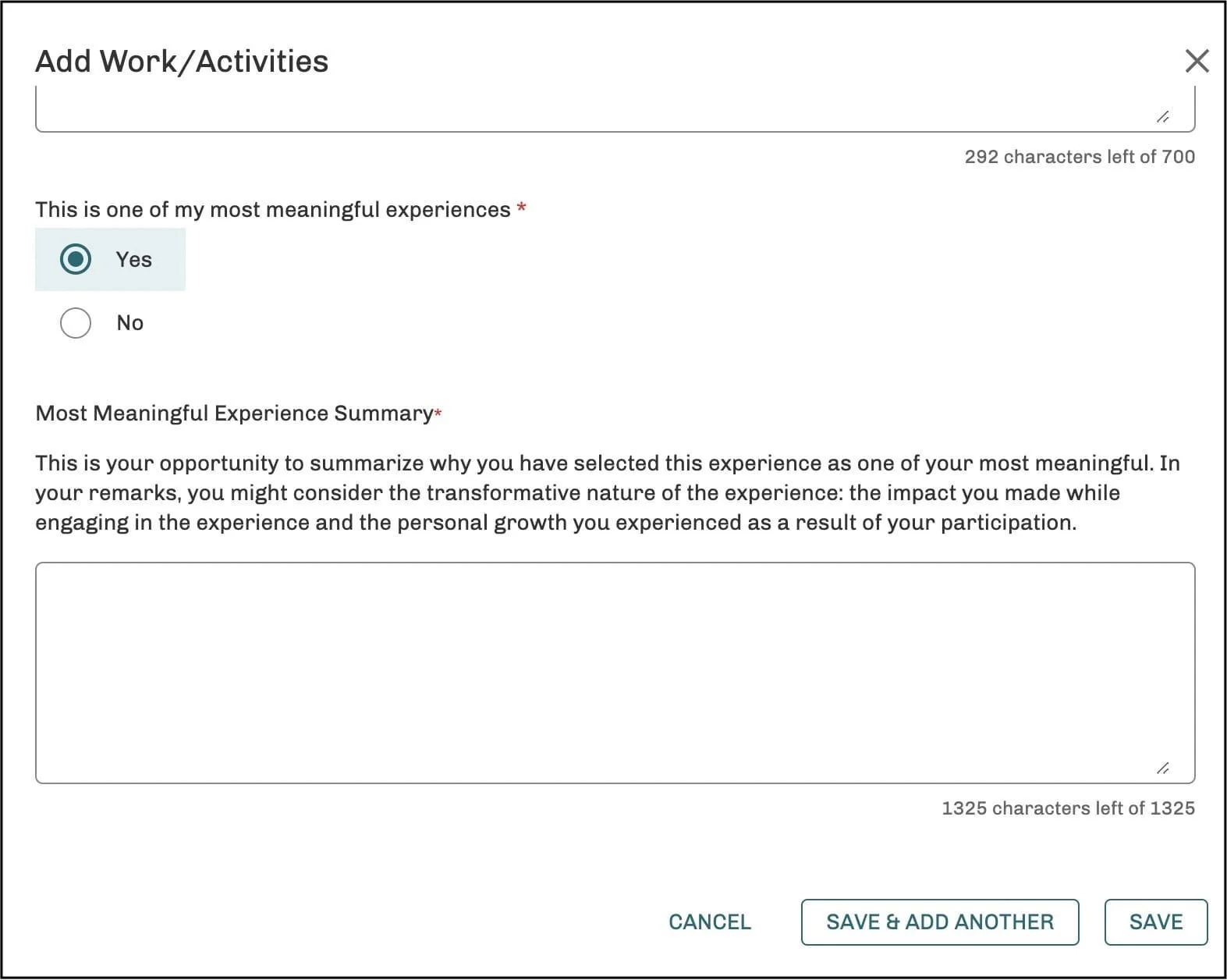 AMCAS add Most Meaningful Experience screenshot