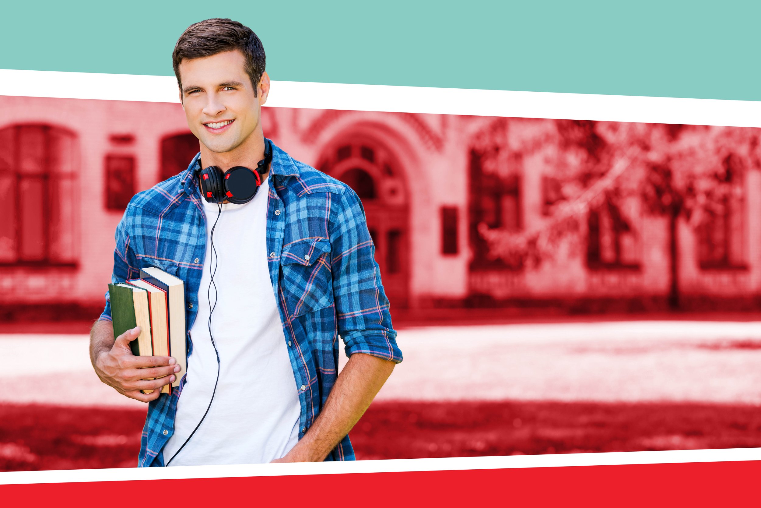 A Brown University student holding books and wearing headphones