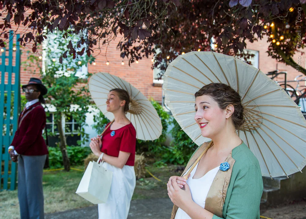 Love's Labour's Lost July-August 2014 Ithaca Tell (Boyet), Jordin Bradley (Katherine), Allie Rangel (Maria) Photo by Russell J. Young