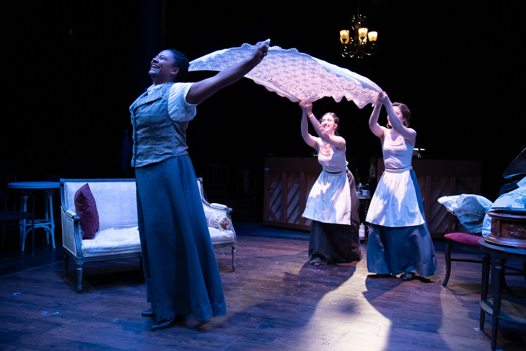  Khadija Bangoura as Eliza Doolittle and Frances Hellums and Emma Finnerty as maids in MY FAIR LADY, directed by Avital Shira. Photo by Andrew Brilliant. 