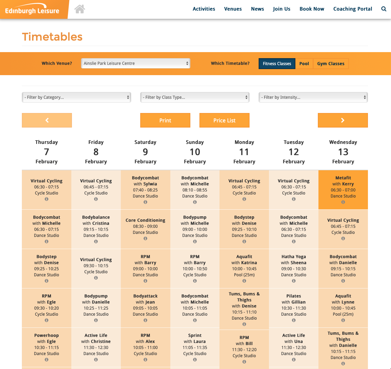 Fitness Timetables