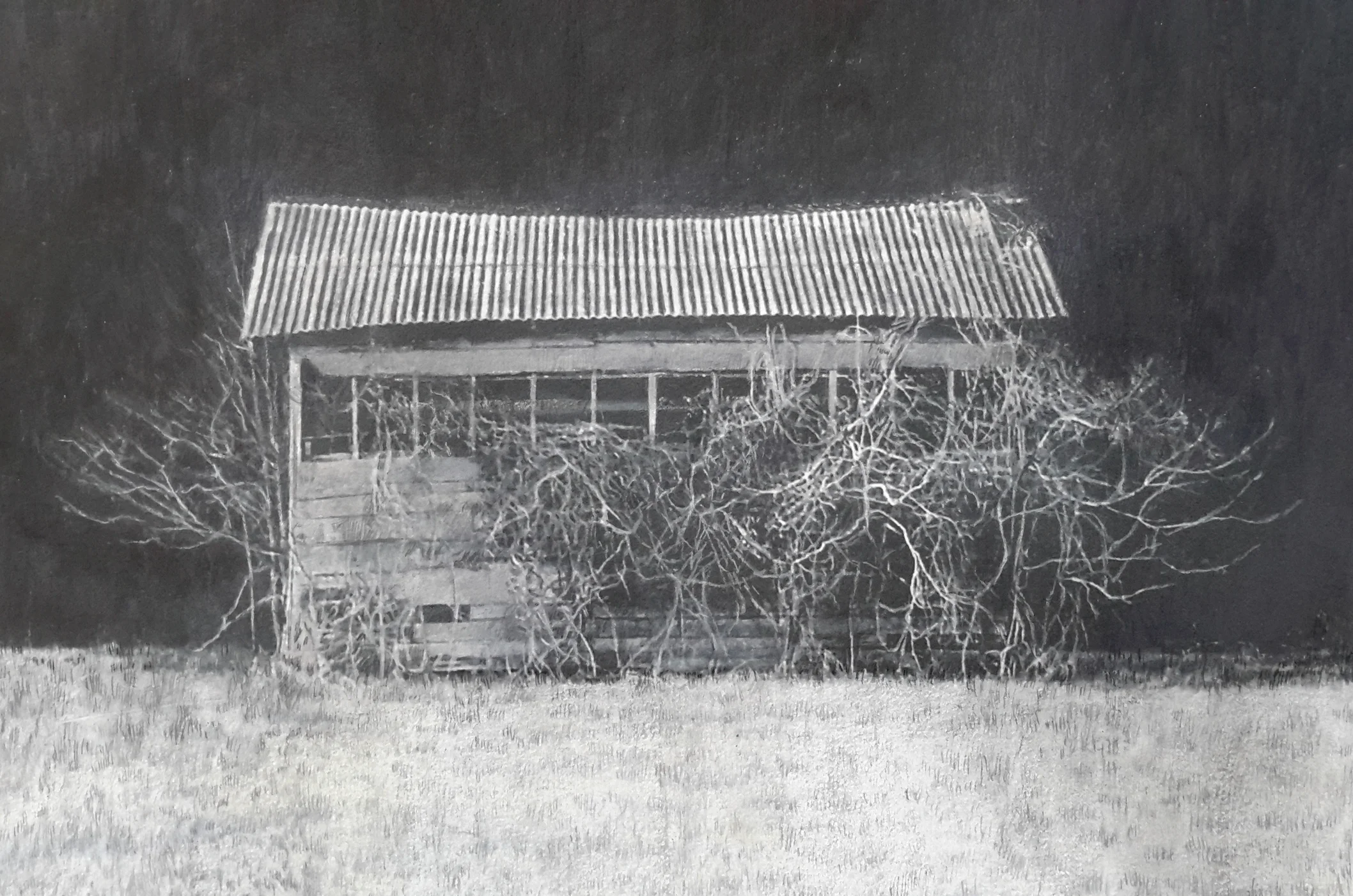 lisa qualls, near mer rouge in winter , 2015. carbon transfer, colored pencil, and acrlyic on paper mounted on panel, 9 x 12 inches.