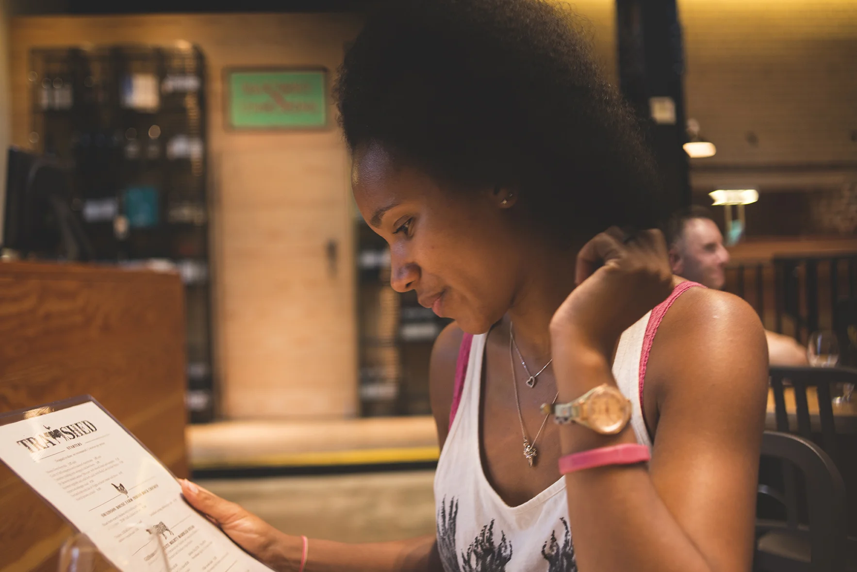 Karis having a look at The Tramshed's menu. We decided to share the roast chicken for three.