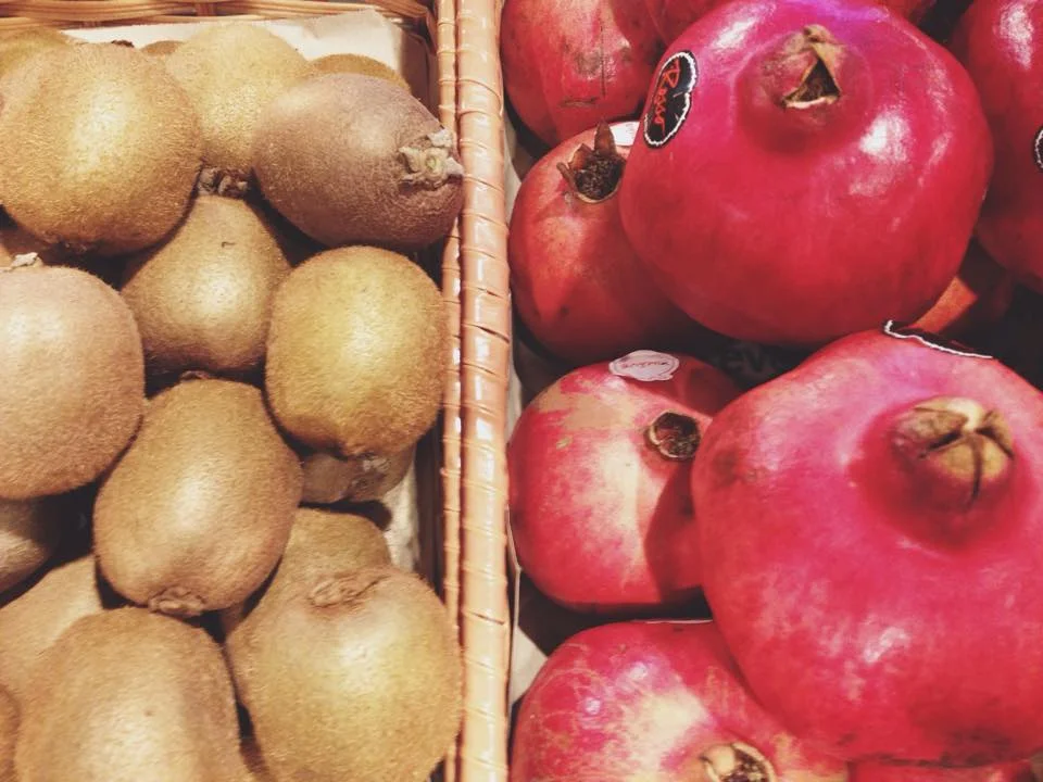 Kiwis and pomegranates.