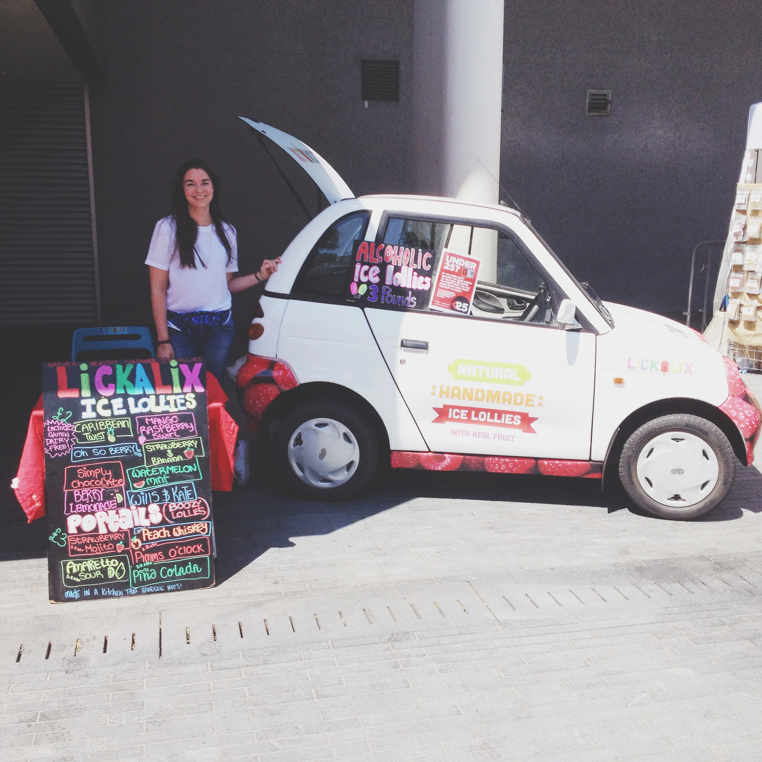 Our LICKALIX team member and our electric car, Lola, basking in the sun