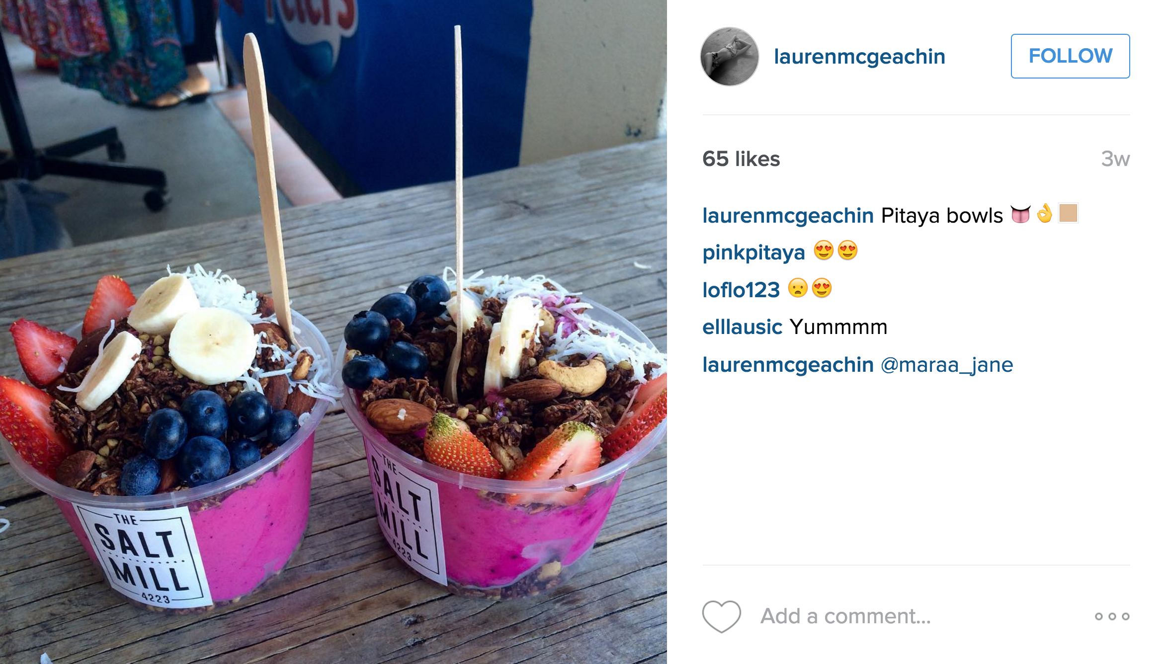 Pink Pataya can be eaten with delicious toppings such as strawberries, blueberries, banana, coconut flakes, nuts and granola.