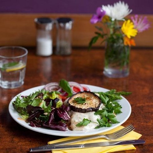Check out Bonnington Cafe's “spiced, marinated, roasted aubergine topped with quinoa and pomegranate salad and sesame yogurt, served with roasted paprika potatoes”. It's utterly divine. Nearest station: Vauxhall