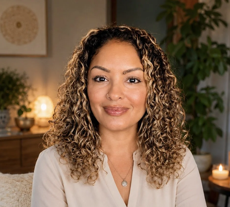 headshot of a woman with curly brown hair and brown eyes looking straight into the camera with a warm background