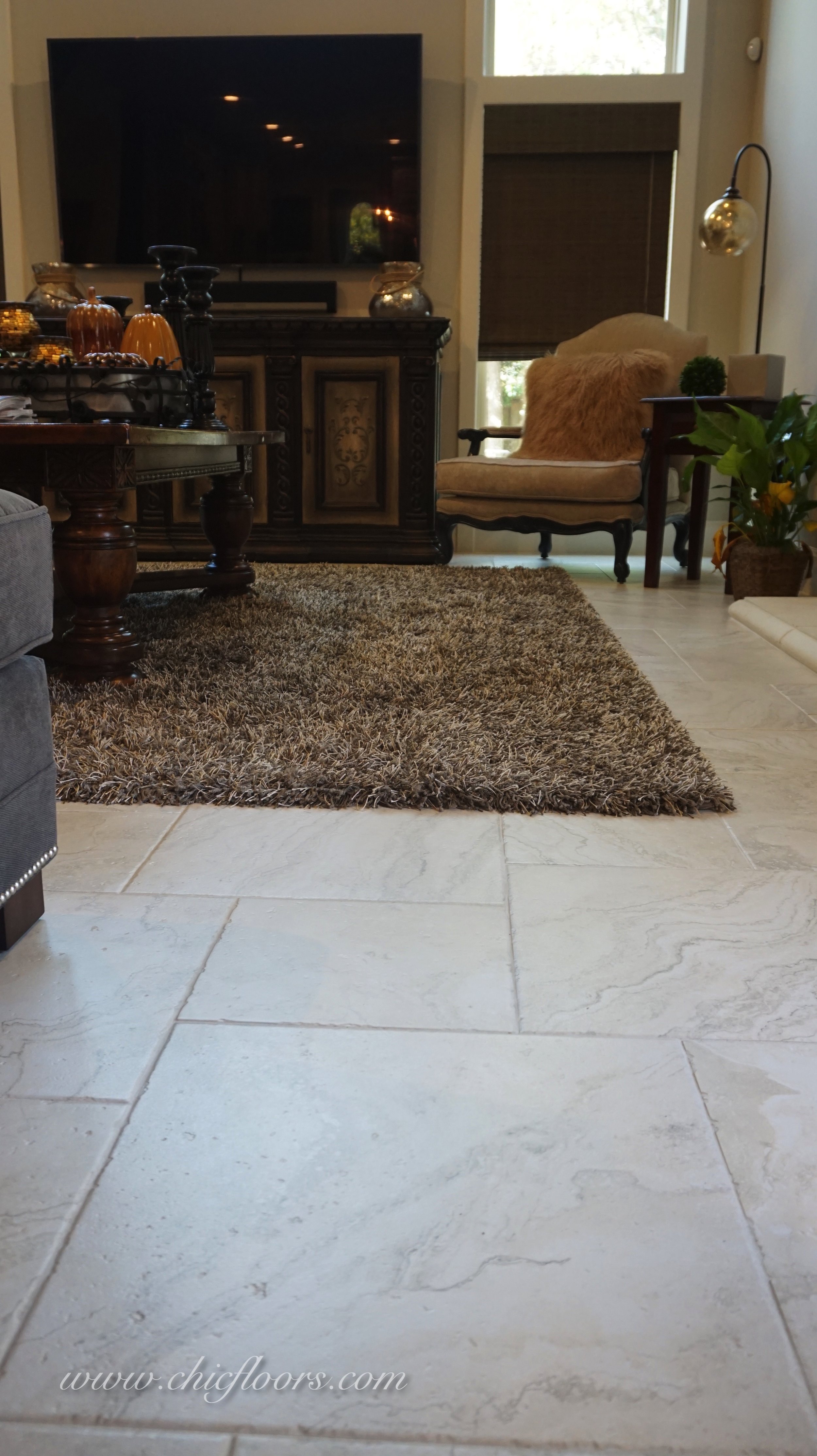 The same tile also pairs beautifully with the custom-sized rug, from Tuftex, style Bling.