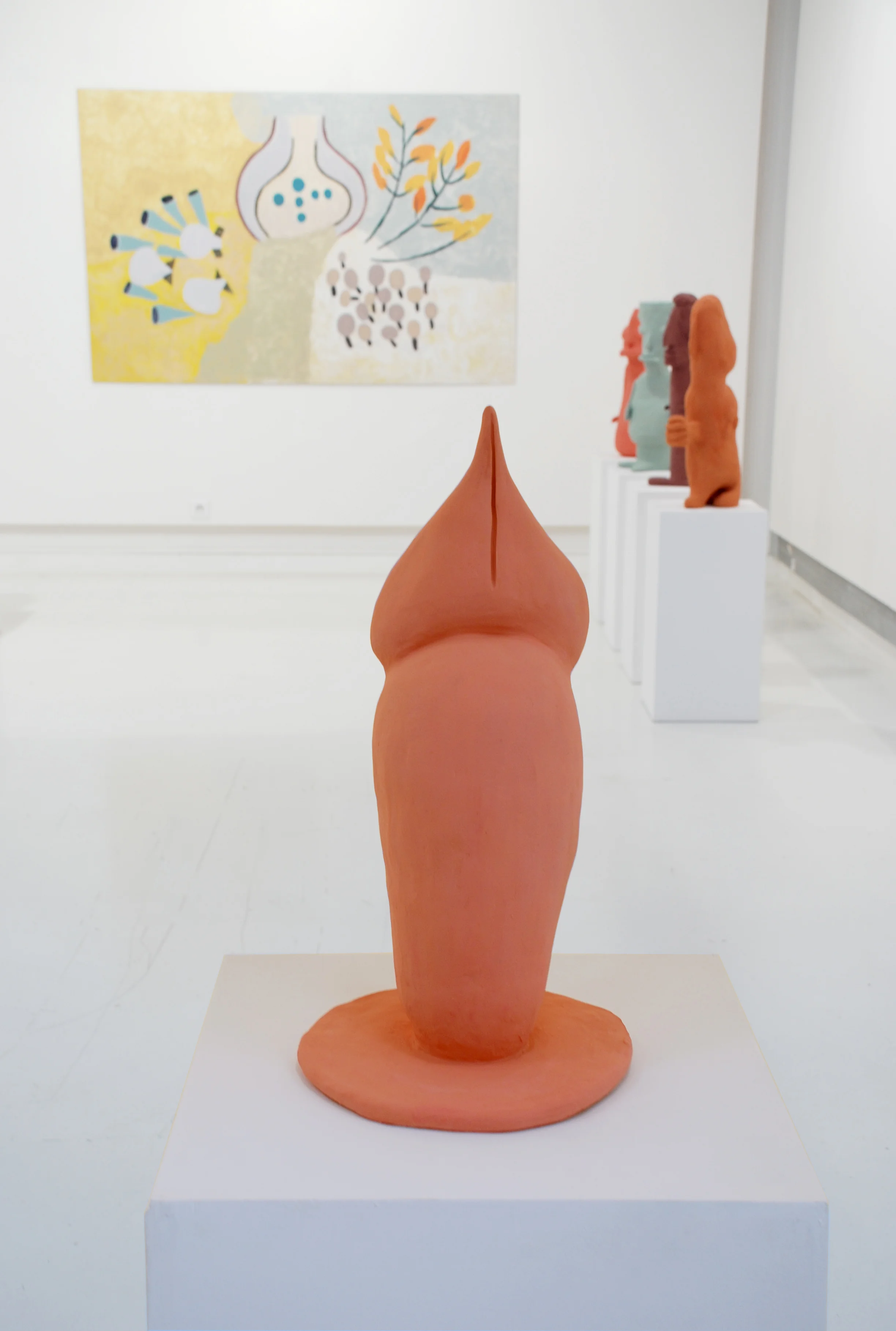 sculptures: Village Forge, 2014, each 60 x 25 x 25cm, earthenware and gouache painting: Shells, 2014, 140 x 90cm, acrylic on board