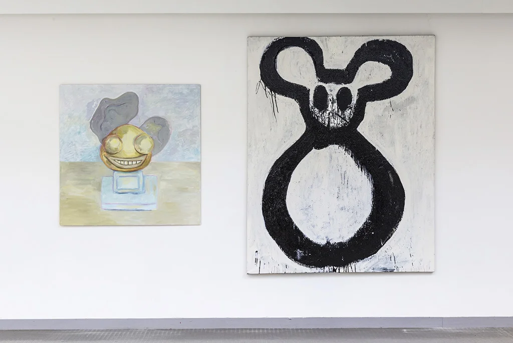 left: Bevis Martin & Charlie Youle, Animal Head , 2015 right: Joyce Pensato, Maxi Mickey , 1993