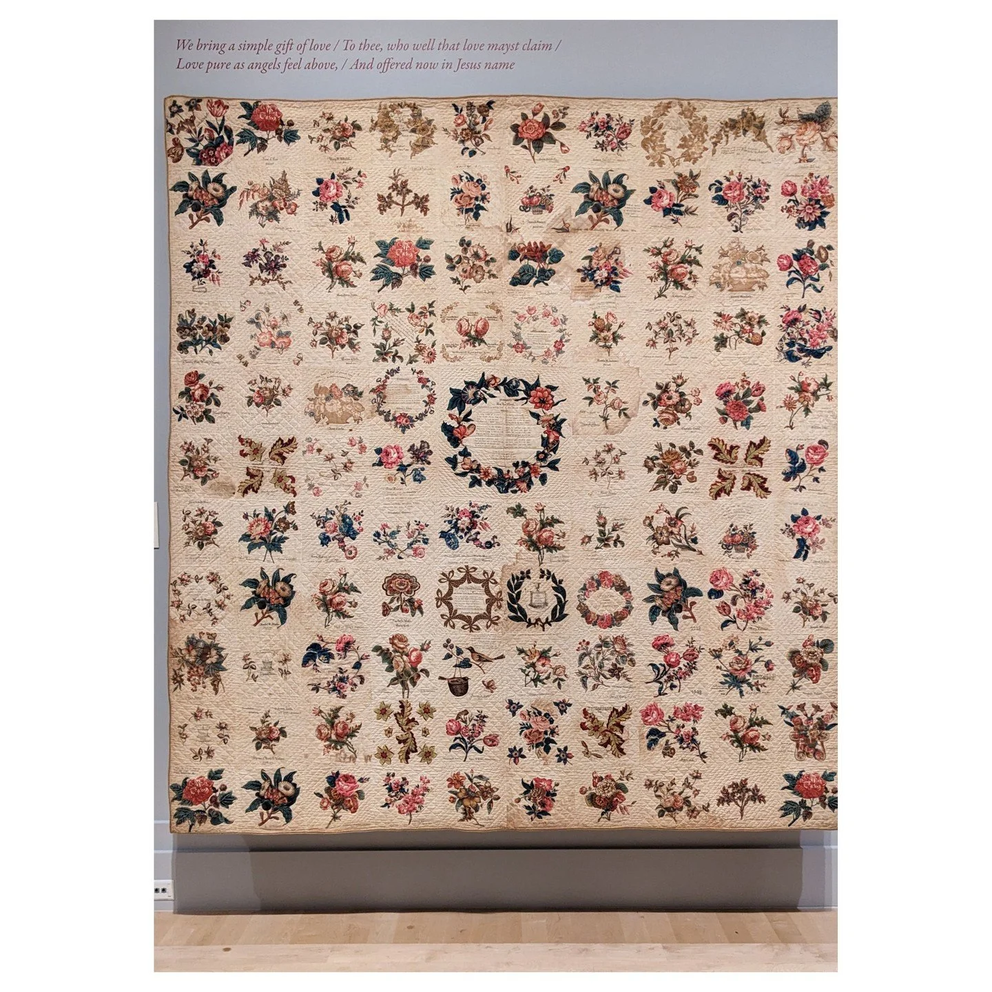 In my Baltimore Album Quilts lecture I talk a little bit about chintz album quilts and Victorian inkings. What a surprise then, to come upon this beautiful antique quilt in the International Quilt Museum. The writing on the blocks was less that 1/8th