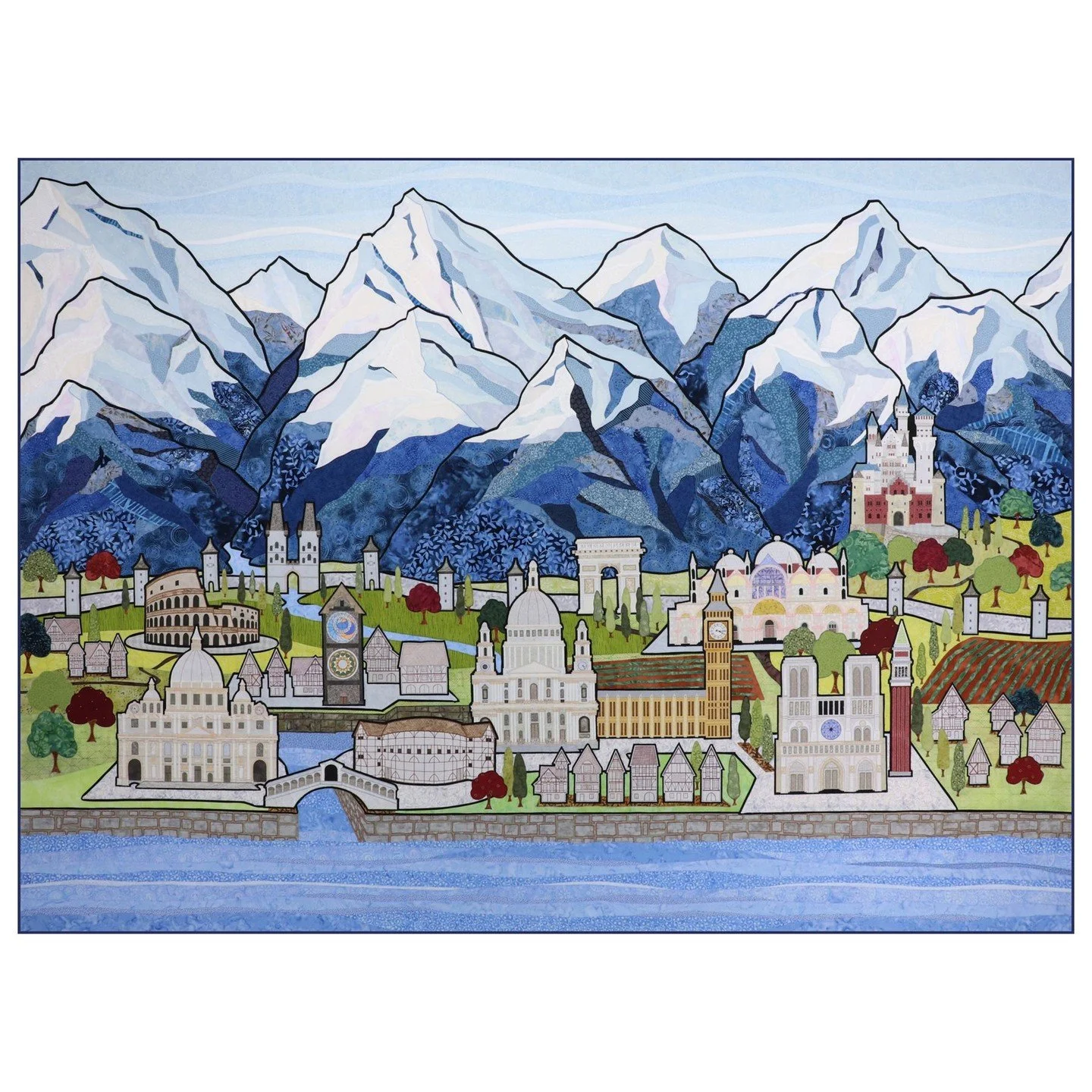 This quilt was inspired by a trip to Europe my family took in 2014. Ithas been traveling to shows this past year and I recently got it back - I really missed it. Unfortunately, I gave it to my son for his wedding. Normally, I don't have a problem whe