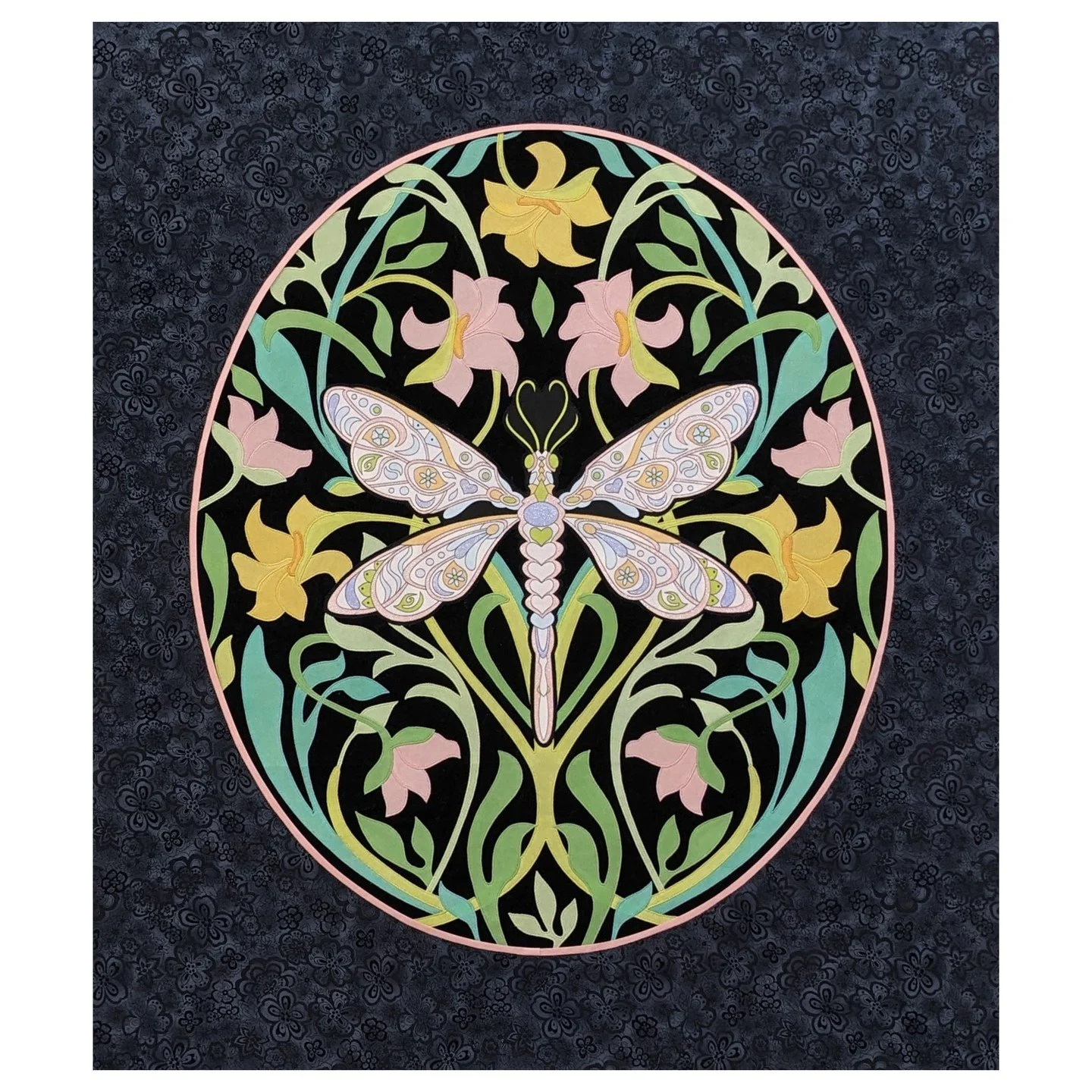 This is a sample for a new workshop I am offering. The dragonfly is a printed panel that I designed painted with Tsukineko ink and then cut out and fused to the background. I painted each of the plant fabrics to get just the right colors and then sat