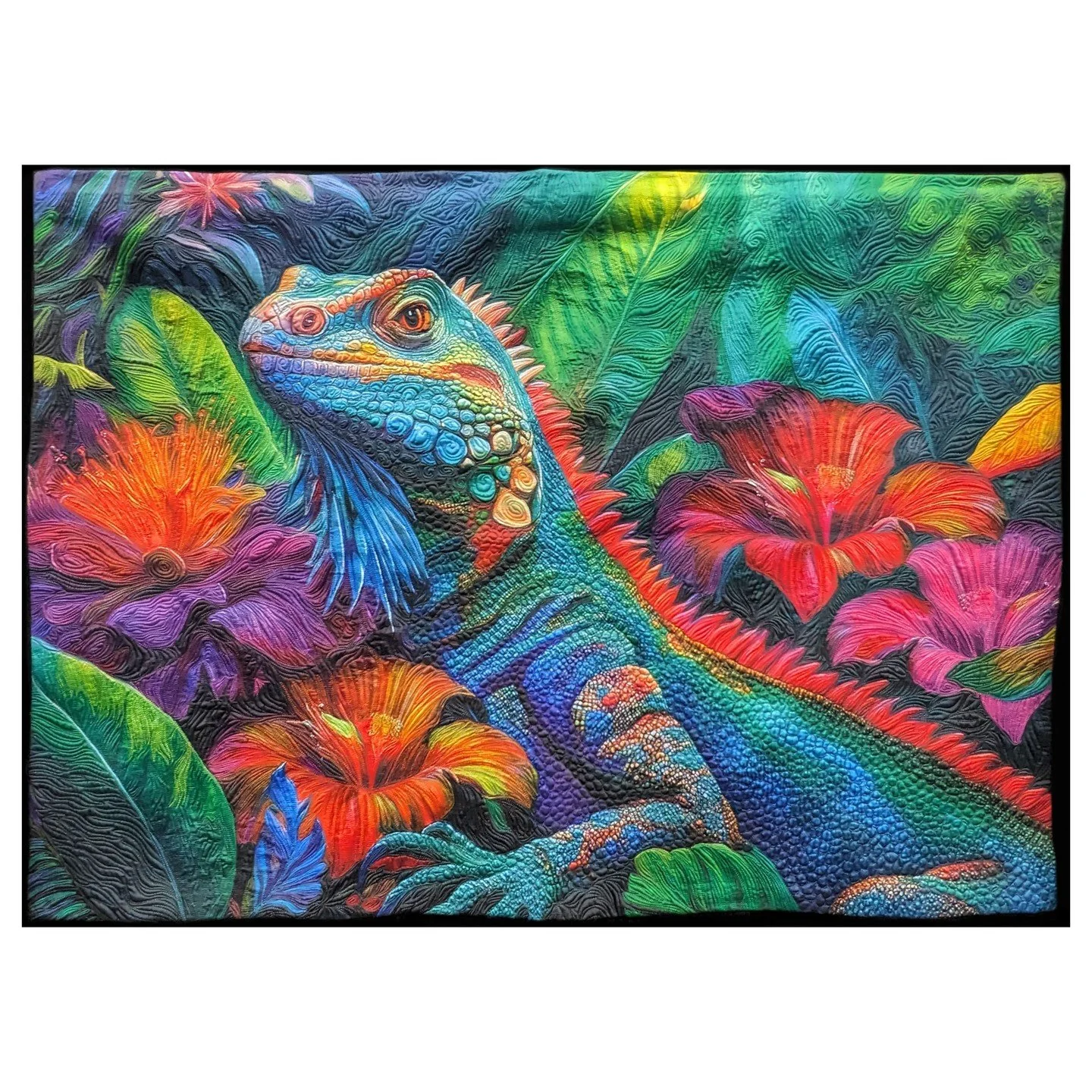 NOT MY WORK. This is Iguana by Estela Mota and she said that she used almost 350 colors of thread in this quilt. Holy cow! I would dearly love to see her thread storage situation. Is it organized by color? Weight? Manufacturer? The quilt is beautiful