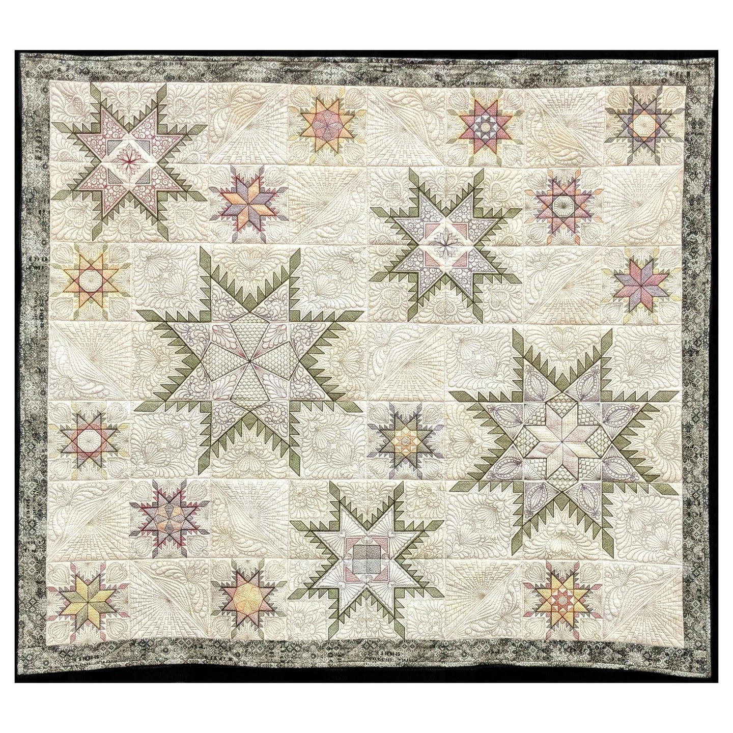 NOT MY WORK. This is Feathered Star by Mary Lorenz. I have been trying to up my machine quilting game lately and I love the way Mary used thread so boldly. Her work is absolutely beautiful and I am both inspired and intimidated. But I know the power 