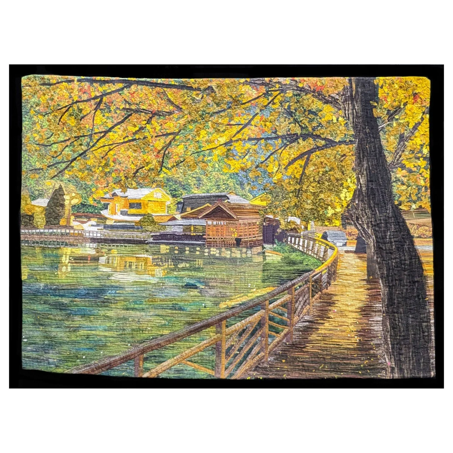 NOT MY WORK. This is Checheng Village by Fengmei Li. The thing that draws me to this quilt isn't the color, it's the detail. She used hand appliqu&eacute;, embroidery and machine embellishment to achieve this effect. So amazing!