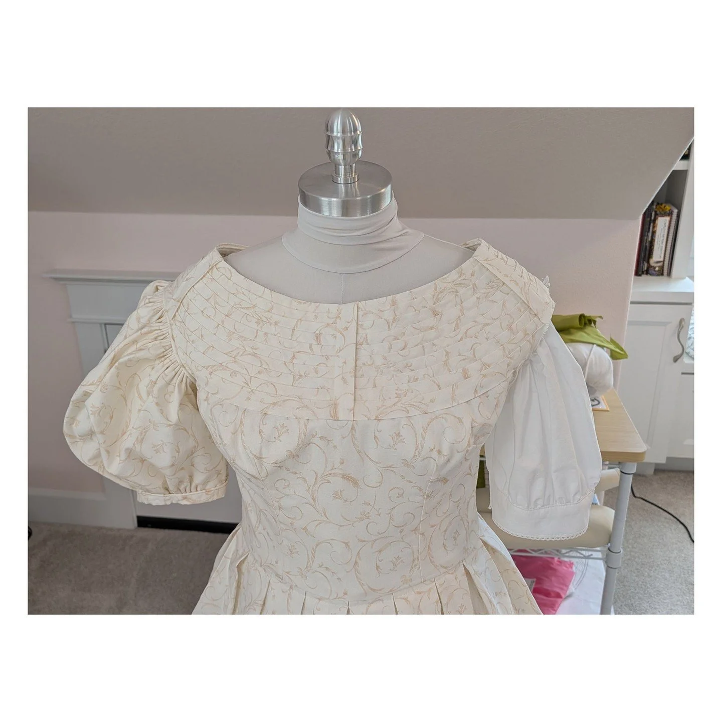 I'm adding the Bertha strips (I've never heard this term before) to the bodice of my Biedermeier dress mock-up as directed in the pattern. They give off an Egyptian vibe to me, which I don't like. Plus, the bodice just fits badly, so back to the draw